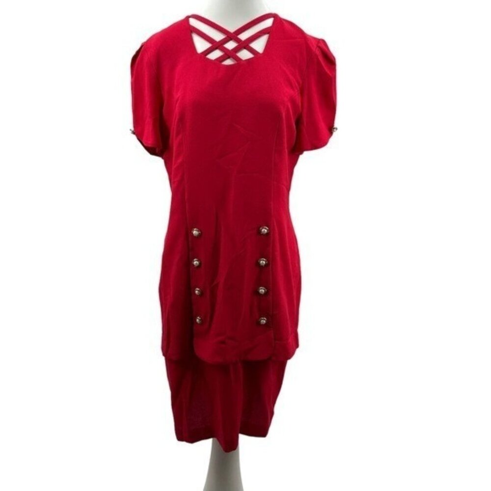 Vintage 80's 90's First Focus Dress 7/8 Hot Pink Short Sleeve Retro Layered USA